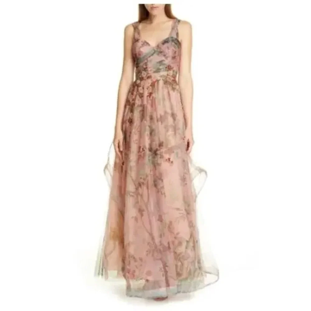 PATBO Pink Floral Print Tulle Evening Gown Beaded Garden Fairy Women's Size 8 - Picture 13 of 13